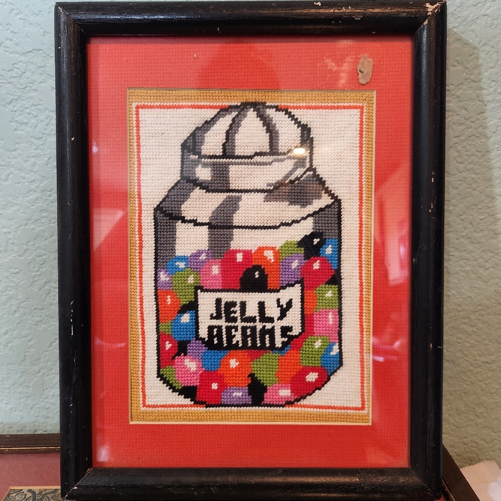 Vintage Framed Completed Cross Stitch Jelly Beans Jar  Colorful Candy Kitsch Fun